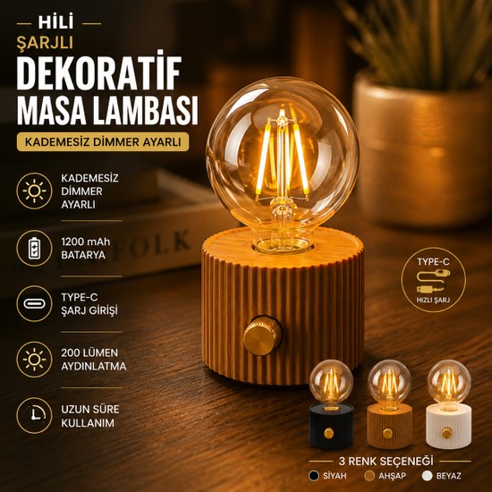 Hili Şarjlı Dekoratif Masa Lambası 3W – Type-C, Kademesiz Dimmer