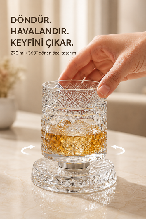 Hili 360° Dönen Metal Rulmanlı Premium Cam Bardak ve Özel Altlık 270 ml Kokteyl Viski Bardağı