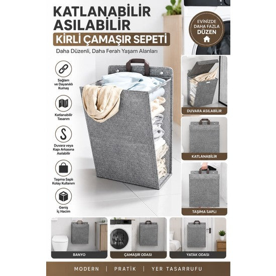 Hili Katlanabilir Asılabilir Kirli Çamaşır Sepeti – Gri